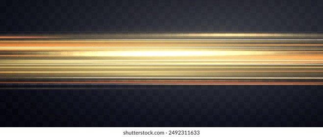 Geschwindigkeitsstrahlen, Velocity Light Neon Flow, Zoom in Motion Effekt, Gold Glow Speed Linien, bunte Lichtspuren, Streifen. Abstrakter Hintergrund, Vektorillustration.