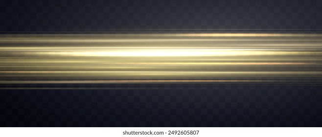 Geschwindigkeitsstrahlen, Velocity Light Neon Flow, Zoom in Motion Effekt, Gold Glow Speed Linien, bunte Lichtspuren, Streifen. Abstrakter Hintergrund, Vektorillustration.