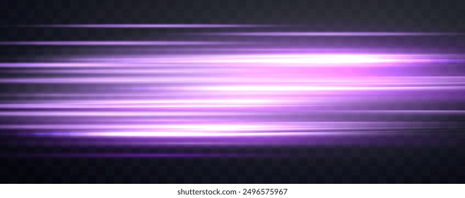 Rayos de velocidad, flujo de neón de luz de velocidad, efecto de zoom en movimiento, líneas de velocidad de brillo púrpura, senderos de luz coloridos, rayas. Fondo Abstractas, Ilustración vectorial.