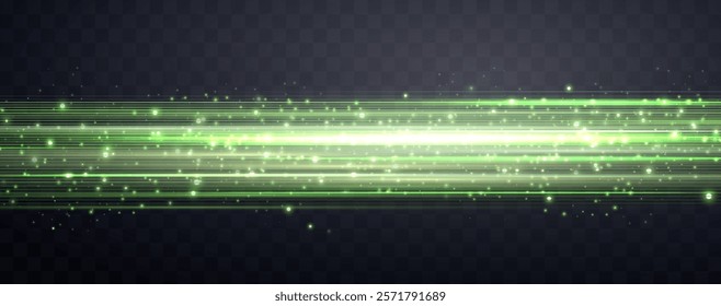 Speed rays, velocity light neon flow, zoom in motion effect, green glow speed lines, colorful light trails, stripes. Abstract background, vector illustration.