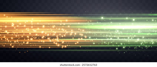 Speed rays, velocity light neon flow, zoom in motion effect, green and orange glow speed lines, colorful light trails, stripes. Abstract background, vector illustration.