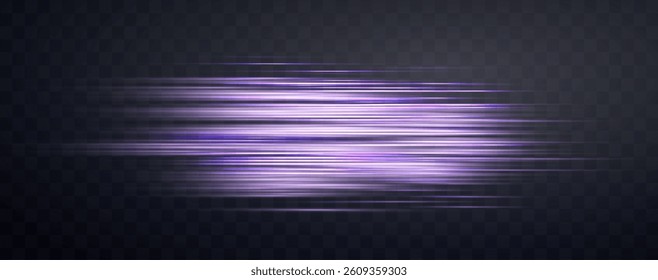 Speed rays, velocity light neon flow, zoom in motion effect, purple glow speed lines, colorful light trails, stripes. Abstract background, vector illustration.