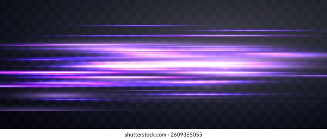 Speed rays, velocity light neon flow, zoom in motion effect, purple glow speed lines, colorful light trails, stripes. Abstract background, vector illustration.