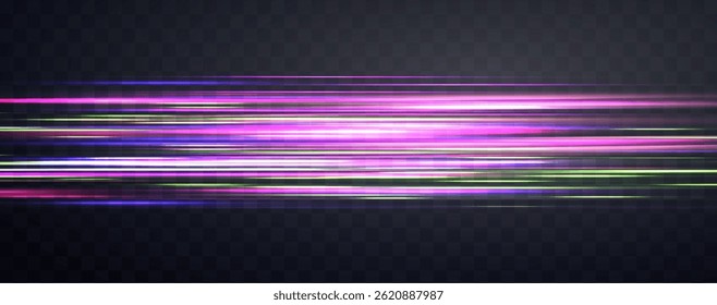 Raios de velocidade, velocidade luz neon fluxo, zoom em efeito de movimento, roxo, rosa e verde linhas de velocidade brilho, trilhas de luz colorida, listras. Fundo abstrato, ilustração vetorial.