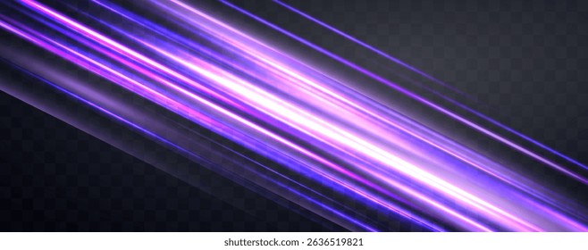 Speed rays, velocity light neon flow, zoom in motion effect, purple glow speed lines, colorful light trails, stripes. Abstract background, vector illustration.