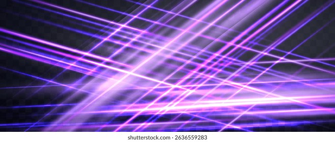 Speed rays, velocity light neon flow, zoom in motion effect, purple glow speed lines, colorful light trails, stripes. Abstract background, vector illustration.