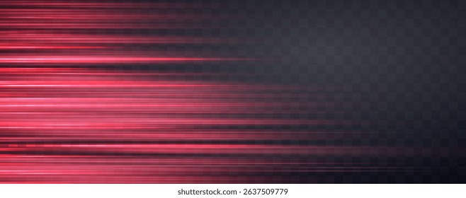 Speed rays, velocity light neon flow, zoom in motion effect, red glow speed lines, colorful light trails, stripes. Abstract background, vector illustration.