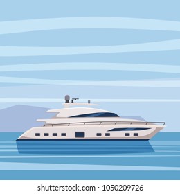 Speed reach yacht on seascape background, cartoon style, vector illustration, isolated