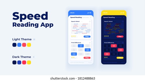 Speed reading app cartoon smartphone interface vector templates set. Mobile app screen page day and night modes design. Comprehension exercise UI for application. Phone display with flat illustrations