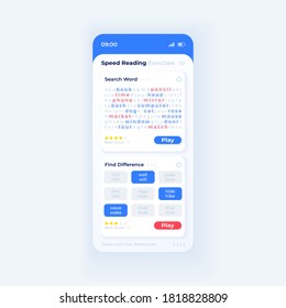 Speed reading app smartphone interface vector template. Mobile app page day mode design layout. Search word function on screen. Flat UI for application. Brain development exercise phone display