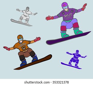 speed, recreation and health on a mountain road GUY took off on a snowboard. The jacket written words, wolf, tiger. blue background, vector illustration