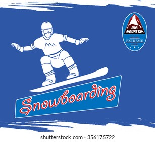 speed, recreation and health on a mountain road
GUY jumped on a snowboard. One silhouette. badge with a red slide. For banners, cards, internet and other. Vector illustration