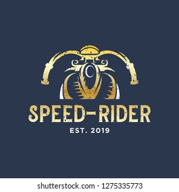 Speed rider motorcycle club vintage logo design inspiration in golden metallic colors