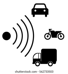 Speed road radar icon. Notice traffic symbol isolated on white with different types of vehicles. Truck, motorcycle, car black silhouettes. Vector illustration