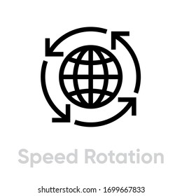 Speed Rotation Globe Icon. Editable Vector Stroke. A Model Of The Earth With Parallels And Meridians And An Arrow Curved Around. Single Pictogram.