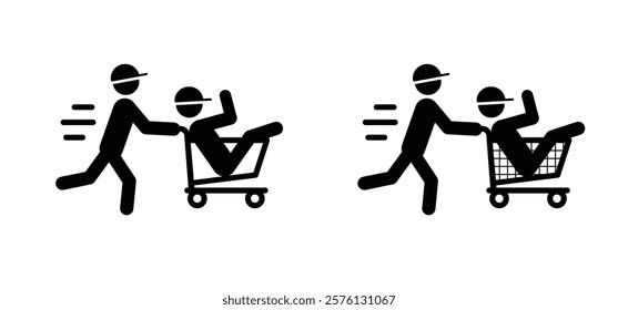 Speed, running, fast happy people in supermarket pushcart. Carrying her friend in hopping cart or trolley. Pushing shopping cart and run. Running with handcart with man. Fast or playing kids.