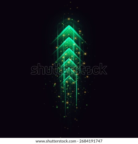 Speed rush arrows green neon glowing. Light trails and speed dynamic arrow on dark with sparkles. Futuristic sci-fi vector design with acceleration rapid effects. Fast-moving high-tech energy flow
