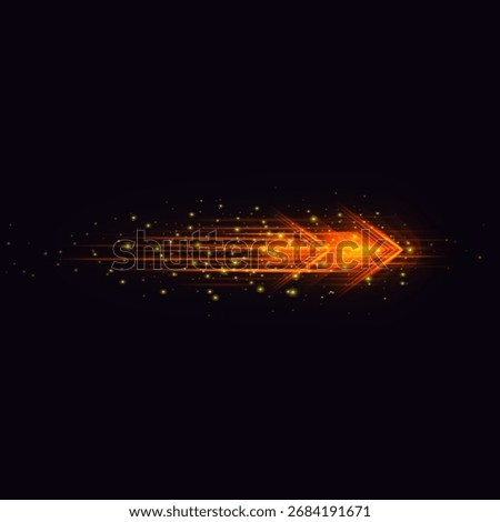 Speed rush arrows orange neon glow. Light and speed dynamic arrow on dark background. Futuristic sci-fi design with rapid effects. Fast-moving light trails, high-tech energy flow, acceleration effect