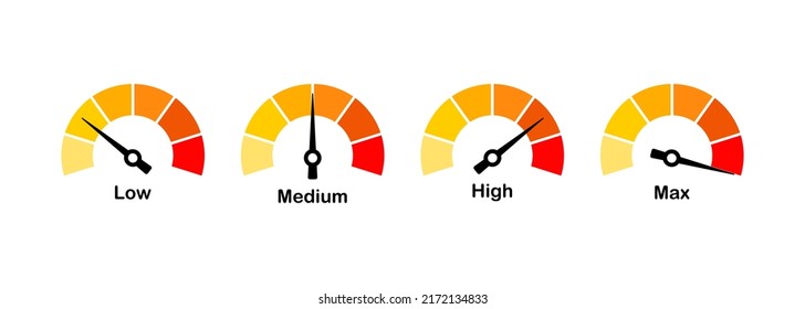 Speed scale Vector illustration. Low, medium, high, max. Speed test. Arrow for analytics of charge level or fuel level. Infographic concept. Vector line icon for Business and Advertising