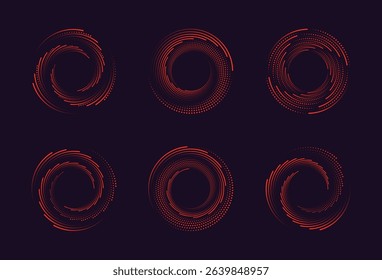 Speed shiny lines in circle form. Radial sparkle speed circle. Luminous speed logos. Red speed lines on black background.