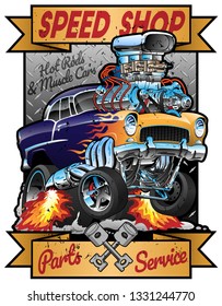 Speed Shop Hot Rod Muscle Car Parts and Service Vintage Garage Sign Vector Illustration
