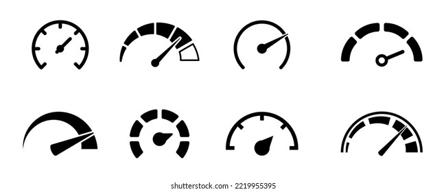 Speed signs. Speedometer black icons set. Speed indicators with arrows. Fast speed. Internet speed, gauge, dashboard, indicator, tachometer, scale. Credit score indicator. Risk levels meter icon