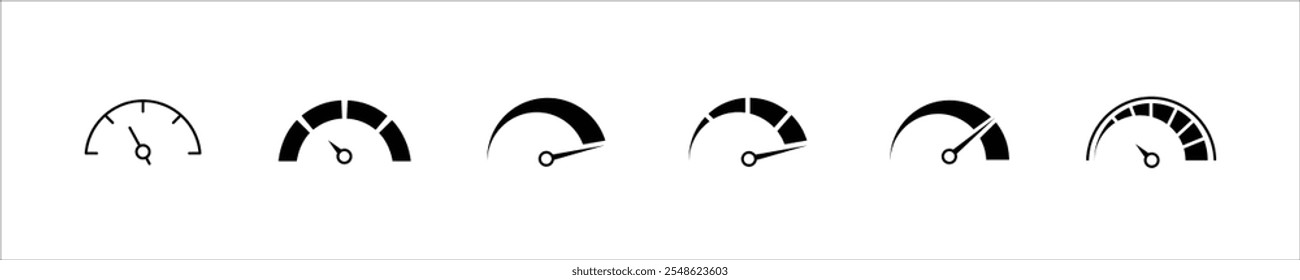 Speed signs. Speedometer black icons set. Speed indicators with arrows. Fast speed. Internet speed, gauge, dashboard, indicator, tachometer, scale. Credit score indicator. Risk levels meter icon