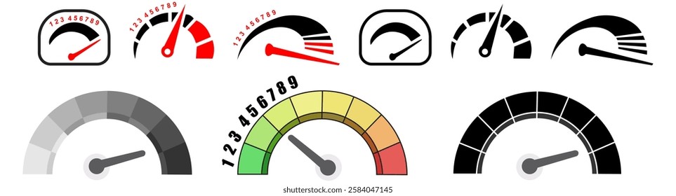 Speed signs. Speedometer black icons set. Speed indicators with arrows. Fast speed. Internet speed, gauge, dashboard, indicator, tachometer, scale. Credit score indicator. Risk levels meter icon
