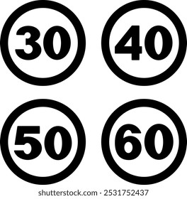 Señales de ​​Límite de velocidad. Iconos del vector. Señales de tráfico prohibidas. Velocidad máxima permitida ​​del vehículo