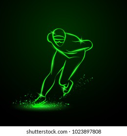 Speed skater. Green neon winter sport illustration.