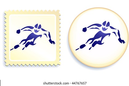 Speed Skater Stamp and Button Original Vector Illustration