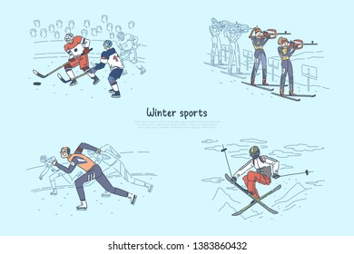 Speed skating, biathlon competition, ice hockey match, professional sportsman skiing, dangerous hobby banner template