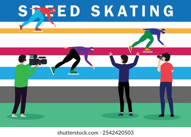 Speed Skating Wettbewerb mit Fotografen und Videografen Erfassung der Action 2d flache Vektorgrafiken