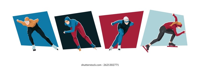 Personagens de patinação de velocidade do atleta feminino. Conceito de raça, esporte, atividade. Ilustração de vetor plano de desenhos animados.