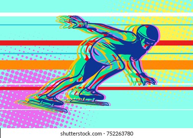 Speed skating, skater on the ice, winter sports. Comic cartoon style pop art illustration vector retro