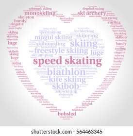 Speed skating. Word cloud, heart inside heart, pink font, grey gradient background. Love of sport.