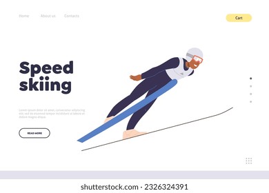 Speed skiing landing page design template with sportsman enjoying snowboarding at winter resort