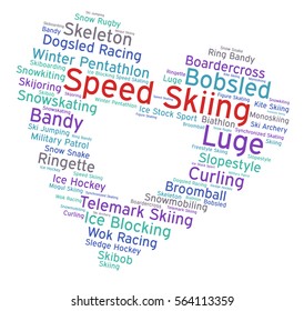 Speed skiing. Word cloud, heart inside heart, italic font, white background. Winter sport.
