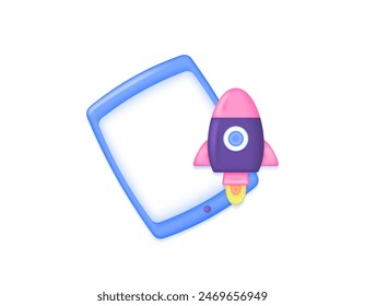 acelera el rendimiento del smartphone. aumenta la velocidad del teléfono. Ilustración de smartphone con cohete. símbolo o ícono. diseño minimalista de ilustración 3d. Elementos gráficos