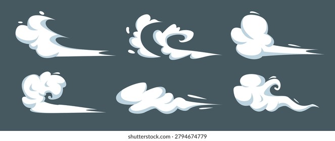 Speed smoke effect. Cartoon dust cloud motion effect, anime manga fast run movement trail steam puff bomb explode energy game fight wind magic poof qualitative vector illustration