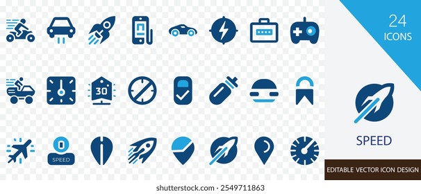 Speed solid vector  icon set. containing  rocket, zipping, fast, quick, speedometer,  race, athlete and more icons 