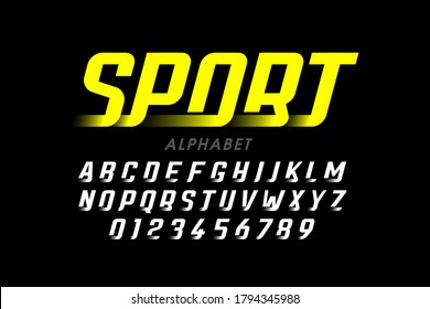 Speed sport style font, alphabet and numbers, vector illustration