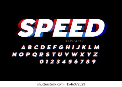 Speed sport style font design, alphabet and numbers, vector illustration