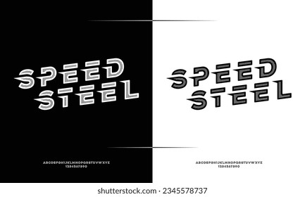 Speed steel font design, alphabet and numbers, vector illustration