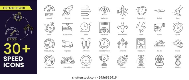 Colecciones de iconos de barra rápida. Contiene iconos rápidos, lentos, de movimiento, productividad, indicador, turbo, velocidad, indicador, expreso y velocímetro. Icono de trazo colección Icono de esquema editable