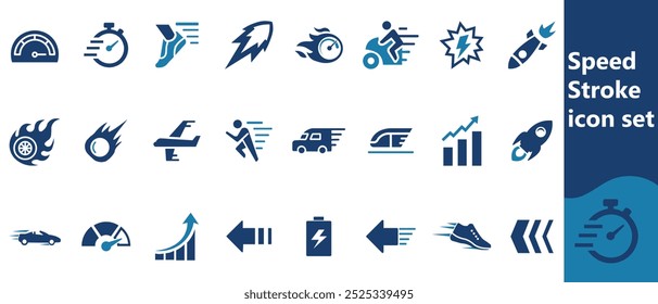 Icono de carrera de velocidad colecciones. Contiene iconos rápidos, lentos, de movimiento, de productividad, indicador, turbo, velocidad, indicador, expreso y velocímetro. Icono de trazo colección Icono de contorno editable