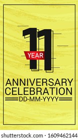 Speed Style 11 year anniversary celebration, minimalist logo, jubilee, red ribbon line design black on yellow background for greeting card. invitation, banner - Vector