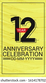 Speed Style 12 year anniversary celebration, minimalist logo, jubilee, red ribbon line design black on yellow background for greeting card. invitation, banner - Vector