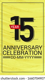 Speed Style 15 year anniversary celebration, minimalist logo, jubilee, red ribbon line design black on yellow background for greeting card. invitation, banner - Vector