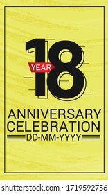 Speed Style 18 year anniversary celebration, minimalist logo, jubilee, red ribbon line design black on yellow background for greeting card. invitation, banner - Vector